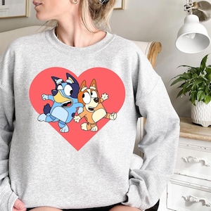 Bluey Love Sweatshirt Valentine&#39;s Day Shirt Blue Dog Sweatshirt Toddler Valentine Gift Adorable Kids Gift Blue Dog with Heart Shirt