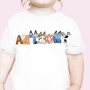Blue Custom Name Shirt Personalized Blue characters Letter Tee Custom Name Doddle Letter Shirt BlueDog Tee Cute Cartoon Shirt Toddler Tee