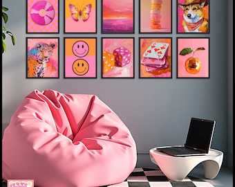 Lot de 10 oeuvres d'art mural numérique maximaliste rose et orange - impressions d'art numérique vibrantes pour la décoration intérieure - art abstrait audacieux - téléchargement immédiat
