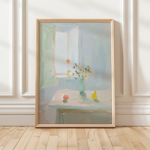 May include: A painting of a still life with a vase of flowers on a table in front of a window. The vase is light blue and the flowers are yellow, white, and pink. There is a yellow pear on the table.