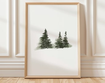 Watercolor Pine Trees Painting Fall Wall Art Prints Kids Baby Girls Boys Nursery Forest Vintage Artwork Drawn Winter Mountain Room Decor