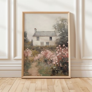 May include: A painting depicting a white cottage with a garden of pink flowers in front. The cottage has a grey roof and a fence in front. The painting is in a light, airy style.