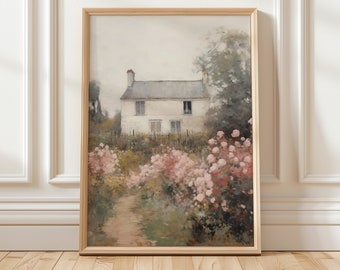 May include: A painting of a white cottage with a garden of pink flowers in front of it. The cottage has a gray roof and a fence in front of it. The painting is in a light, airy style.
