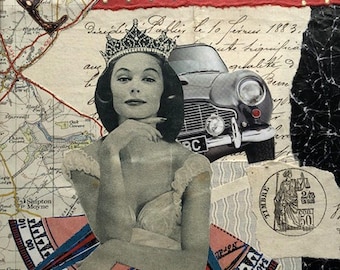 Collage artistique des années 60 - Techniques mixtes originales, décoration rétro féministe
