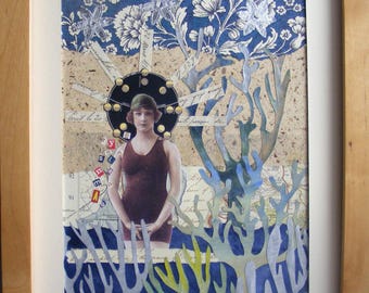 Taking a Dip - Handmade Analog Paper Collage, Upcycled Mixed Media Art
