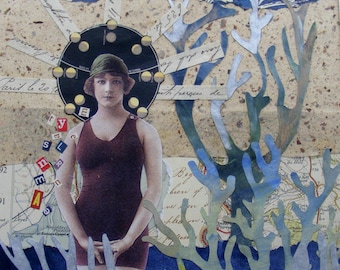 Collage sur papier analogique fait main, art technique mixte recyclé