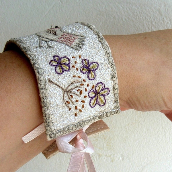 Textile jewelry - Wrist cuff, embroidered bracelet, handmade and embellised, wearble art, bird and flowers bracelet