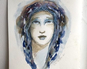 Original Watercolor Painting: Melusine Muse Portrait - Contemporary Floral Art