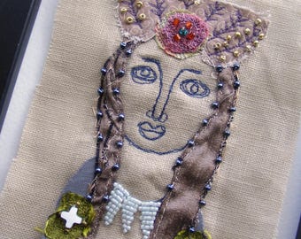 Handmade Textile Art, Wall Art, One-of-a-Kind, Beaded Mixed Media Embroidery, Applique  Fabric Collage, Stitched Portrait, Original Art