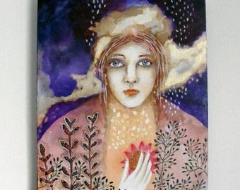 Original Flower of the Heart Painting – Impressionist Female Portrait
