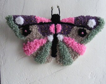 Butterfly Beaded Punch Needle Wall Art, Tapestry Decor, Handmade Tuffted Butterfly, OAAK