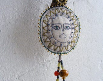 A Folk Charm for the Home, Textile Art, Beaded Embroidery, Folk Art Talisman, Handmade Fibre Art