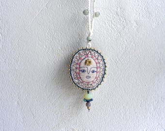 A Folk Charm Pendant, Textile Art Necklace, Beaded Embroidery, Folk Art Talisman, Handmade Fibre Art