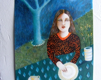 Portrait féminin figuratif : oeuvre d'art murale expressionniste acrylique techniques mixtes