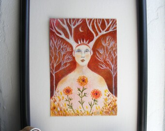 Original Oil Painting: Woodland Spirit Portrait, Expressionist Art