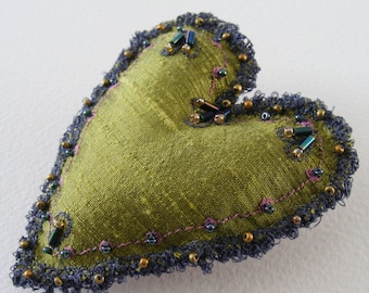 Medium size emerald green, satin heart brooch, richly beaded, beaded textile fibre jewellery
