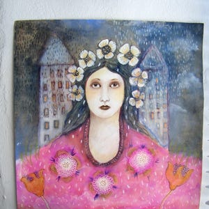 Dipinto acrilico figurativo originale: ritratto femminile espressionista, opera d&#39;arte murale