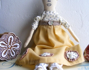Handmade Textile Art Doll, Upcycled Fabric, Embroidered Face, Beaded Hair, Collector Item