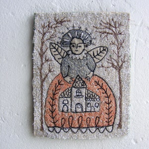 Textile art -'The House Guardian'  - fiber art, contemporary art, folk art, free motion embroidery, angel art, embroidery art,