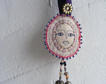A Handmade Folk Charm, Textile Beaded Embroidery, Folk Guardian, Embroidered Talisman, Gift for Her
