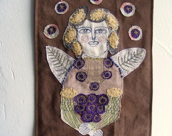 Moon Angel, Hand-Embroidered Textile Art, Folk Art Inspired Wall Hanging, One-of-a-Kind Mixed Media Embroidery