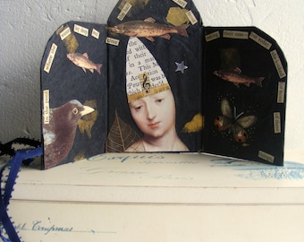 Collaged Altar Art Triptych – Poetic Literary Shrine with Gold Leaf