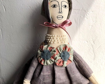Handmade Textile Art Doll, Upcycled Fabric, Embroidered Face, Beaded Hair, Collector Item
