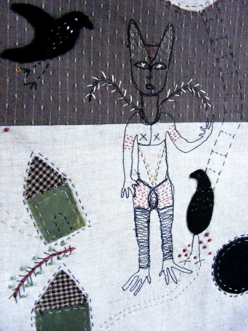 May include: A black and white embroidered artwork depicting a stylized figure with a bird and other abstract shapes. The figure has a long, thin body with a head that resembles a fox or a wolf. The figure is wearing a pair of red and white pants. The bird is black and has a long, thin beak. The artwork is on a white background.