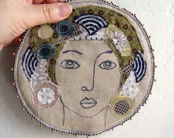 Deco -  Hand-Embroidered Textile Art, One-of-a-Kind Mixed Media Beaded Wall Art