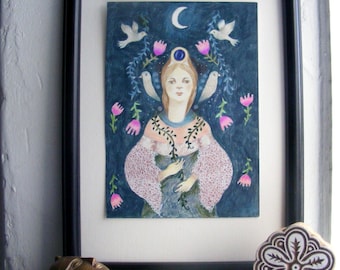 Moon Hat Drawing – Original Female Portrait, Watercolor Art (14.5x21cm)