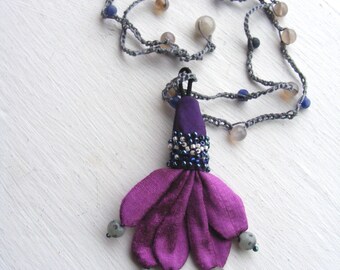 Hand Crocheted And Stitched Textile Gemstone Necklace, Grey Agate & Blue Sodalite Beads, One of a Kind