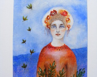 Peinture à l'huile originale : fille à la coiffure florale, portrait expressionniste