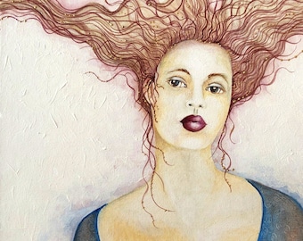 May include: A painting of a woman with long, flowing red hair. She is wearing a blue dress with gold accents. Her eyes are brown and her lips are painted a deep red.