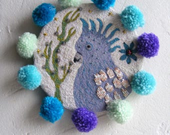 Handmade Beaded Blue Cockatoo Hoop Embroidery With Pom Poms