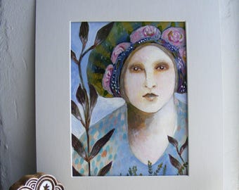 Handmade Figurative Acrylic Painting: Floral Female Portrait Wall Art