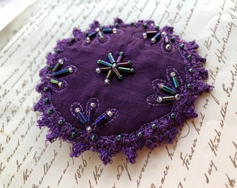 Pretty circular purple, handmade satin brooch, embroidered fibre jewellery