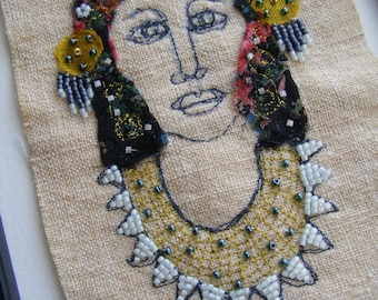 Hand-Embroidered Textile Art,  Wall Hanging, One-of-a-Kind, Beaded Mixed Media Embroidery,