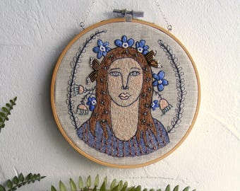 Beaded Female Portrait, Tapestry Wall Art, Embroidery Hoop Art, OOAK Textile, Handmade, Original Fiber Art