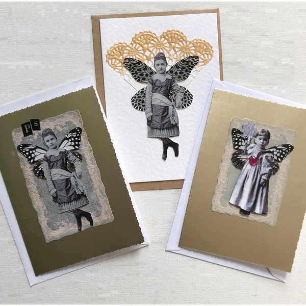 Little Fairies trio. not a print 3 original designs of 3D collage on bright gold and hammer white card, blank cards, any occasion