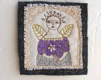 Textile art "On Golden Wings" contemporary, folk embroidery, tapestry, ooak, imaginative, angel art, spiritual art, free motion embroidery