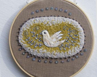 Handmade Beaded Dove Tapestry Art, Embroidered Linen Hoop, OOAK