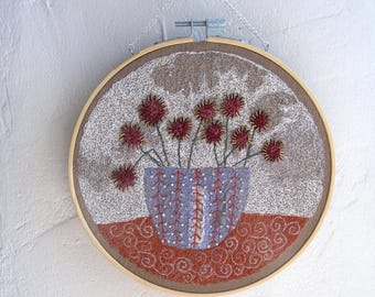 Handmade Beaded Embroidery Art: Floral Still Life Tapestry in Hoop