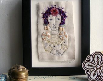 Handmade Textile Art, Wall Hanging, One-of-a-Kind, Beaded Mixed Media Embroidery, Applique  Fabric Collage, Stitched Portrait, Original Art