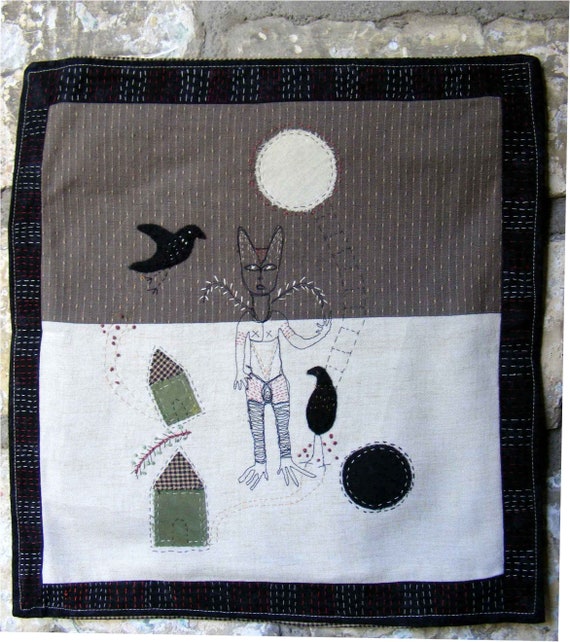 Handmade Embroidered Textile Wall Art – The Guardian, Recycled Fabric, Wall Art, Home Decor