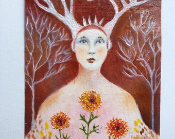 Peinture à l'huile originale : portrait d'esprit des bois, art expressionniste