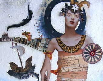 Warrior Paper Collage Art – Surrealist Female Figure on Canvas