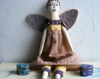 Unique Handmade Textile Art Doll, Embroidered Face, Beaded Hair, Collectors Item, Upcycled Fabric, Winged Fairy Figure, Cloth Doll