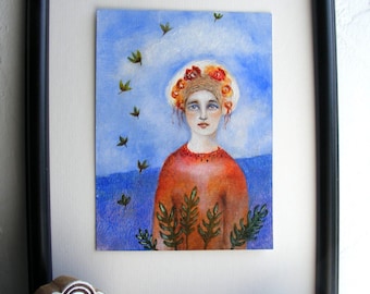 Original Oil Painting: Girl with Floral Headdress, Expressionist Portrait