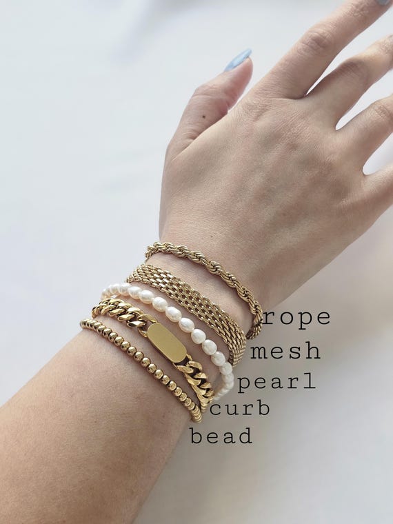 COOLSTEELANDBEYOND Laser Grooved Gold Beads Chain Bracelet - Stretchable 6.7-7.9", Brass, For Women & Men
