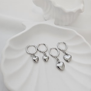 Silver Puff Heart Earrings,Dangle Heart Earrings, Dainty Heart Earrings Tiny Puffy Heart Delicate Birthday Gift, Christmas Gift gift for her